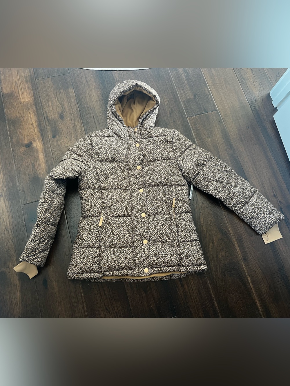 Women's heavyweight hooded puffer camel cheetah coat